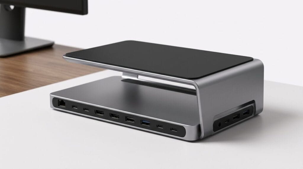 Sleek aluminum laptop stand with USB and card reader ports on a minimal surface with soft light.