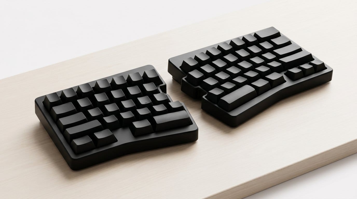 Ergonomic split mechanical keyboard with blank black keycaps on a beige surface.
