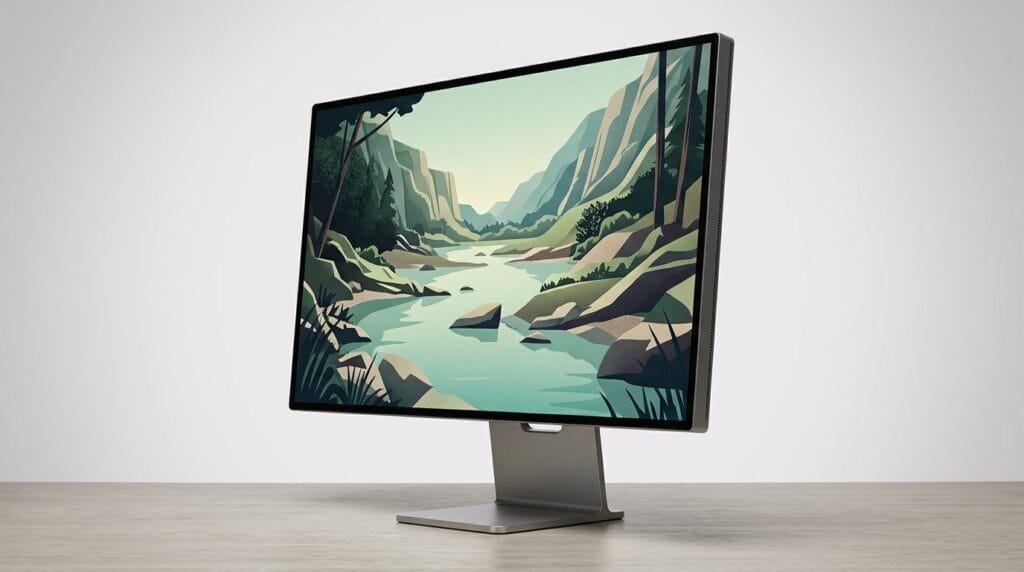 Modern computer monitor displaying a mountain river landscape on a minimal surface with soft light