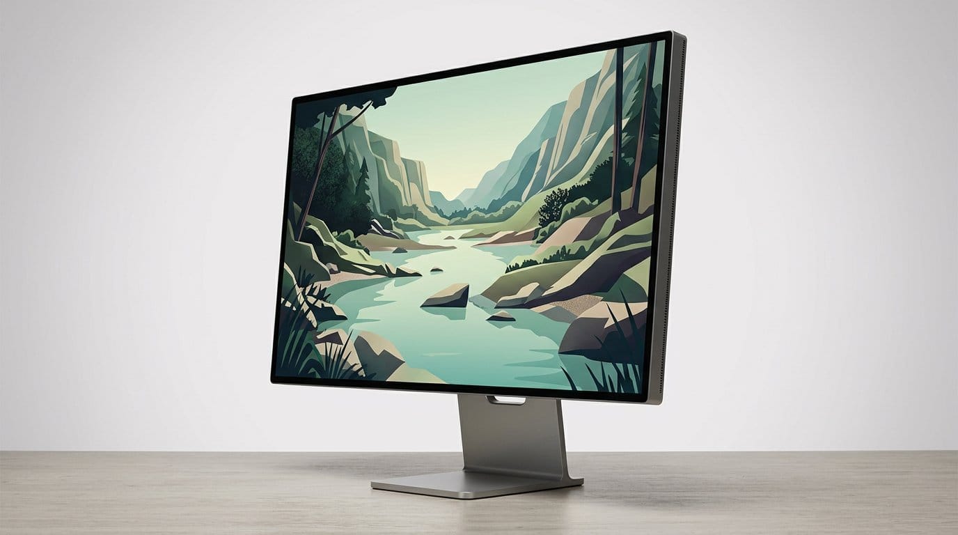 Modern computer monitor displaying a mountain river landscape on a minimal surface with soft light