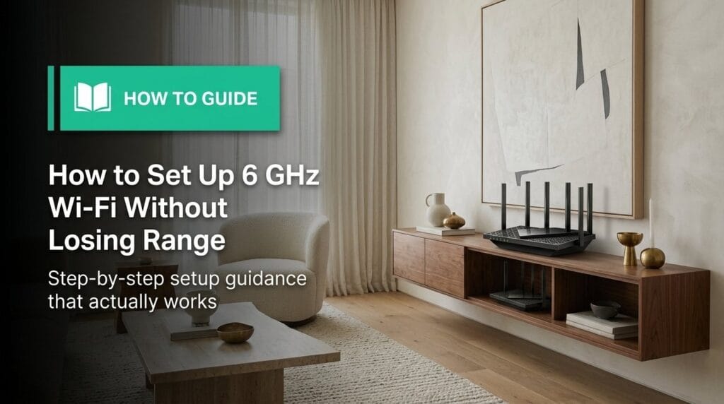 Wi-Fi router on a minimal surface with soft directional light for a 6 GHz Wi-Fi guide
