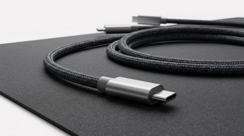 Braided Thunderbolt 4 USB-C cable on a black surface with soft directional light