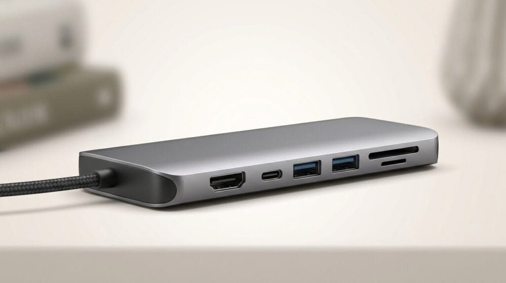 USB-C hub with HDMI, USB, and SD card slots on a desk