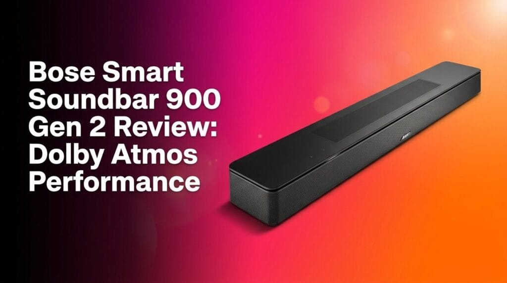 Bose Smart Soundbar 900 Gen 2 under a wall-mounted TV in a studio-lit review setup