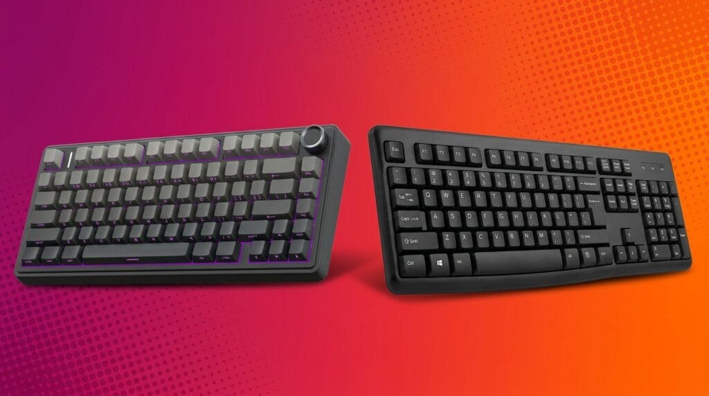 Two sleek black mechanical keyboards on a vibrant gradient background for a keyboard comparison.