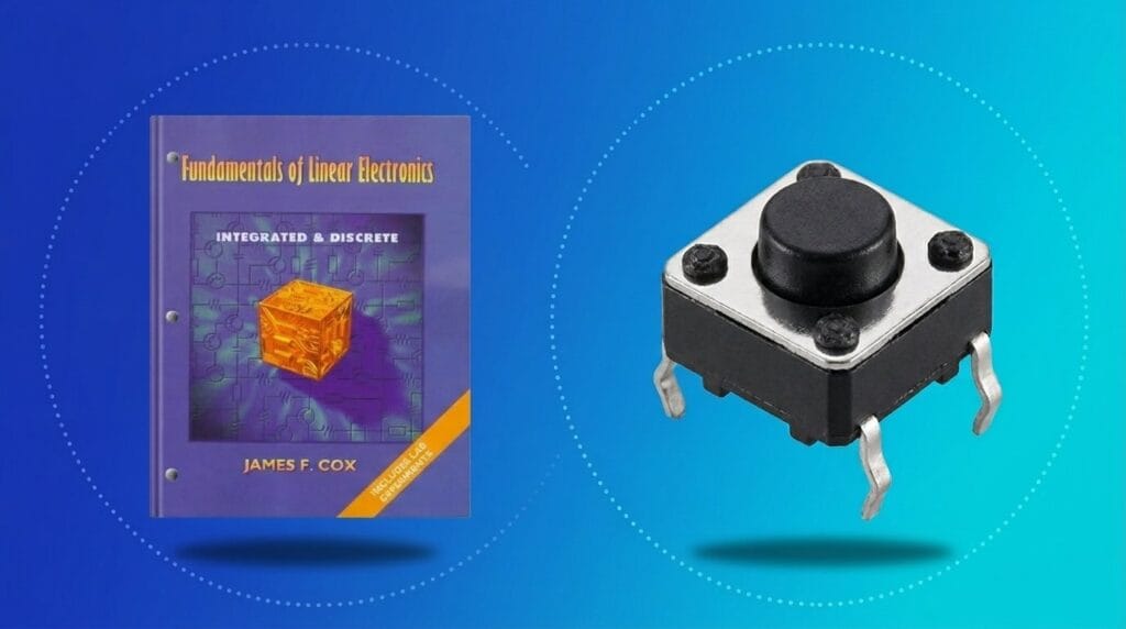 Book on laser electronics beside a tactile push button switch on a blue background