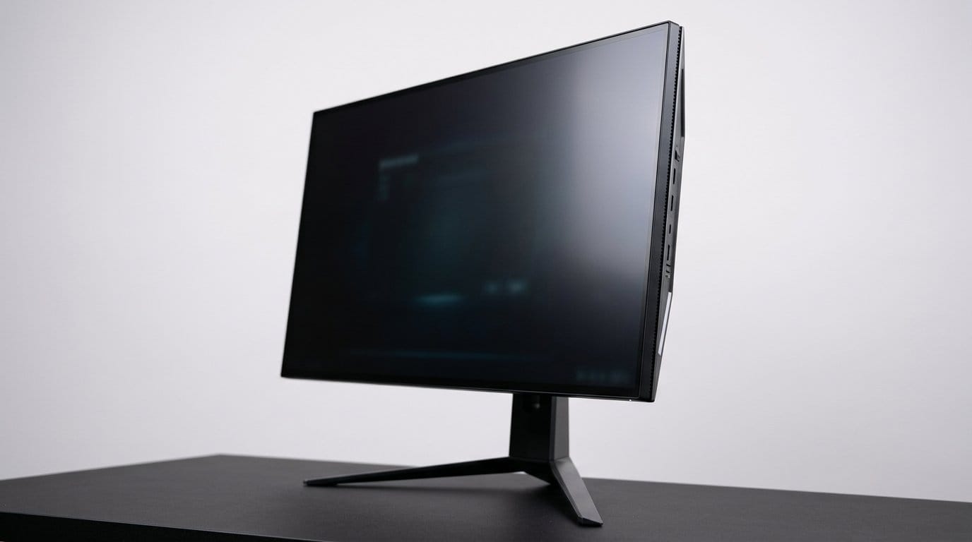 Sleek black computer monitor on a dark surface with soft directional light, shown as an editorial hero image