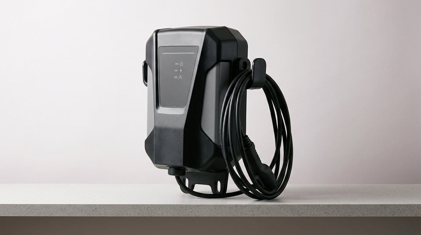 Compact electric vehicle charger with attached cable on a white surface, lit by soft directional light.