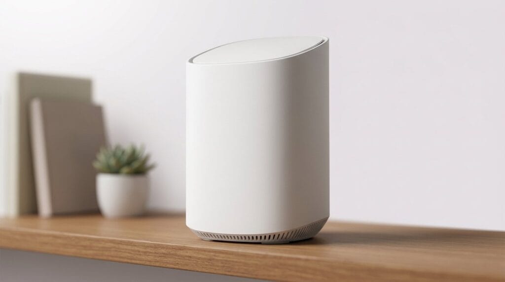 White smart speaker on a wooden shelf with minimal decor and soft light