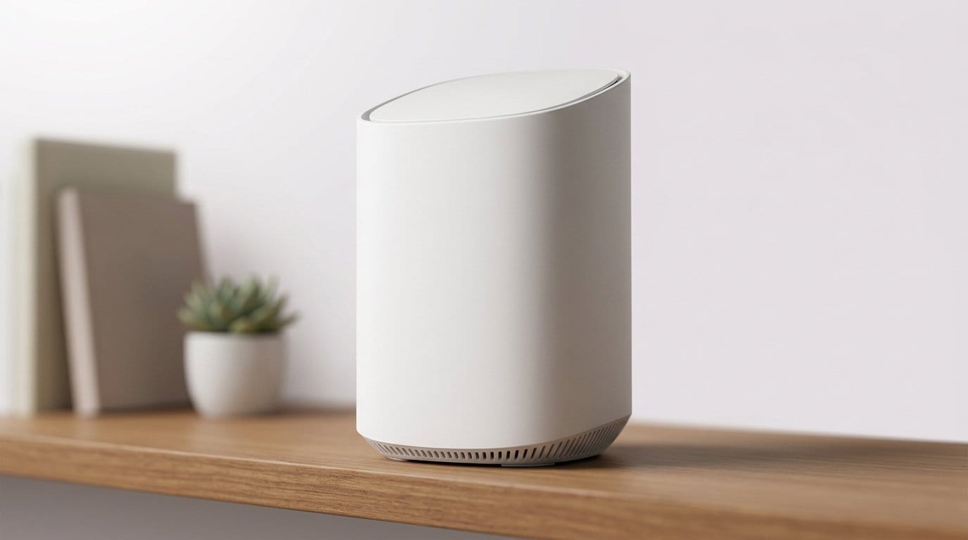 White smart speaker on a wooden shelf with minimal decor and soft light