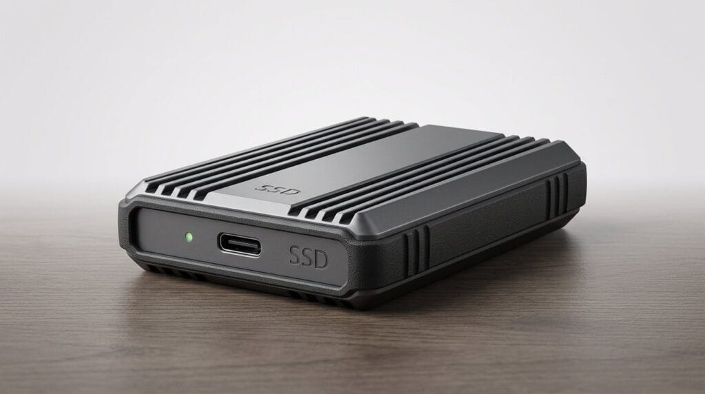 Compact external SSD with USB-C port on a wooden surface, lit softly on a minimal shelf.