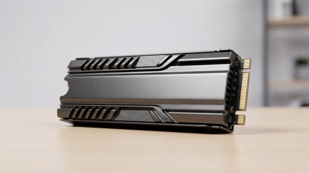 NVMe SSD with sleek black heatsink on a minimal shelf, lit by soft directional light.