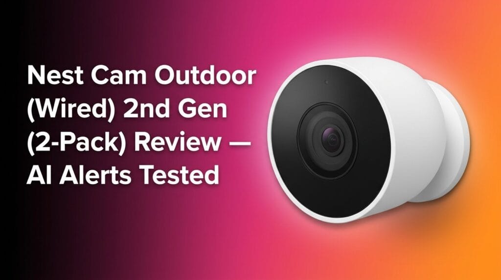 Nest Cam Outdoor Wired 2nd Gen security camera review hero image on a colorful gradient backdrop