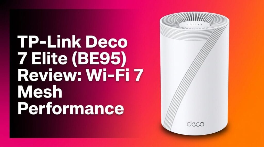 TP-Link Deco 7 Elite BE95 Wi‑Fi 7 mesh router on a modern shelf with shallow depth of field