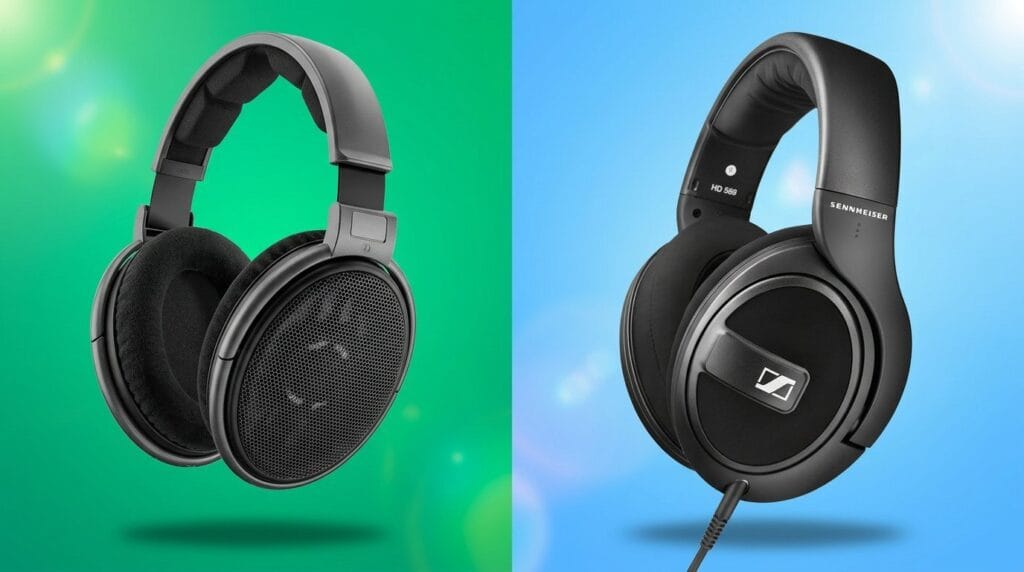 Two over-ear headphones on green and blue backgrounds in a side-by-side comparison with studio lighting
