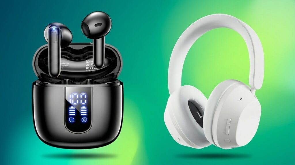 Black wireless earbuds with charging case beside white over-ear headphones on a green background.