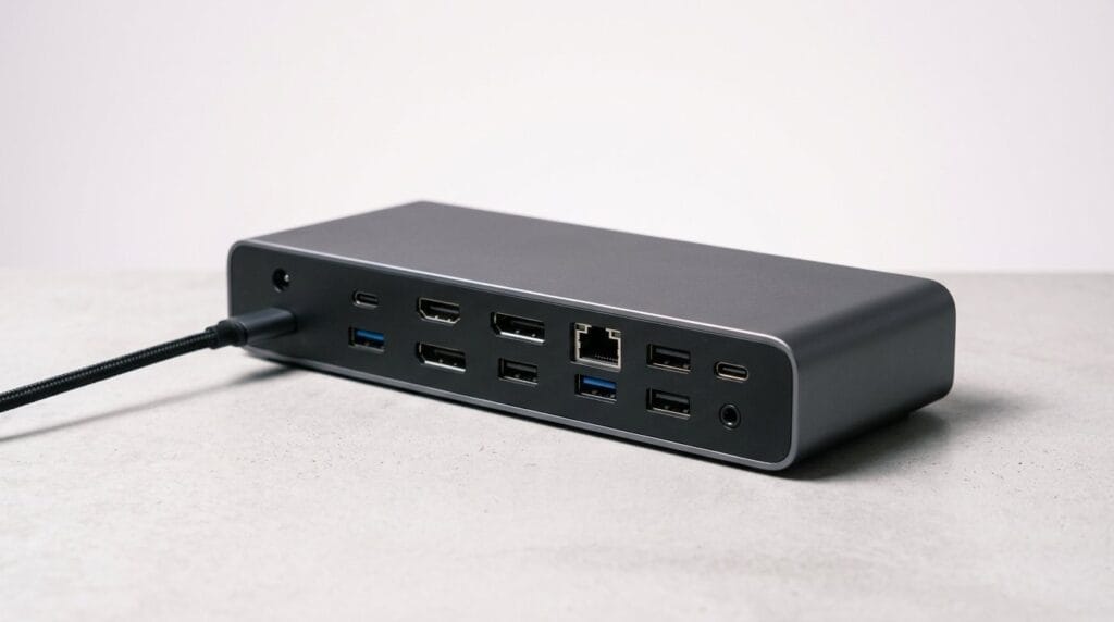 Compact black USB dock with multiple ports on a minimal desk surface.