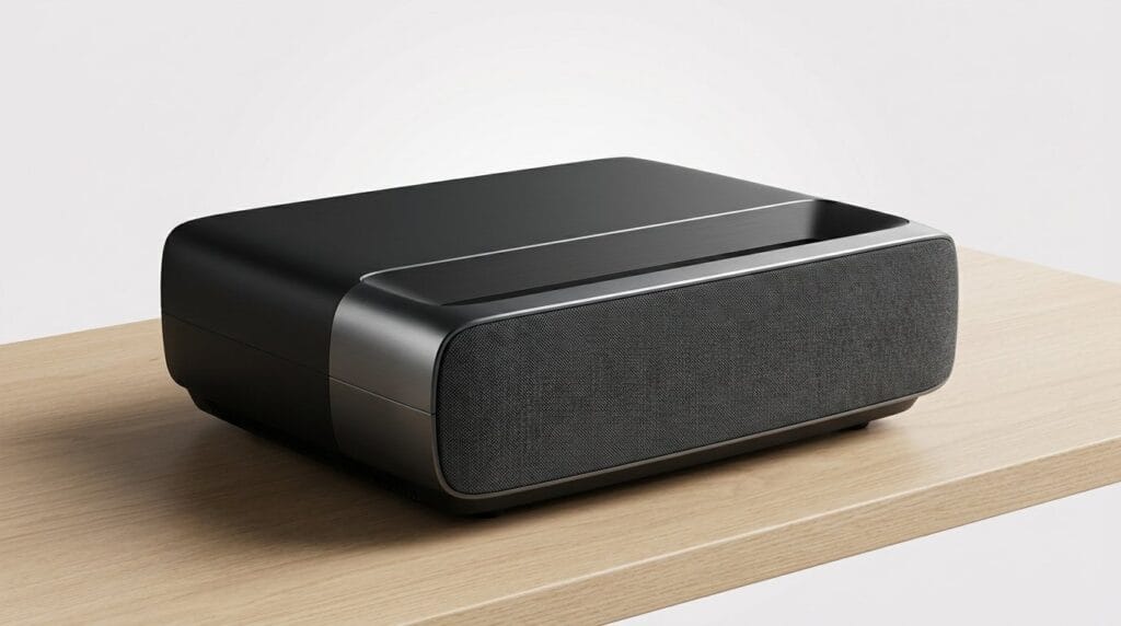 Compact black wireless speaker on a wooden surface with soft directional light