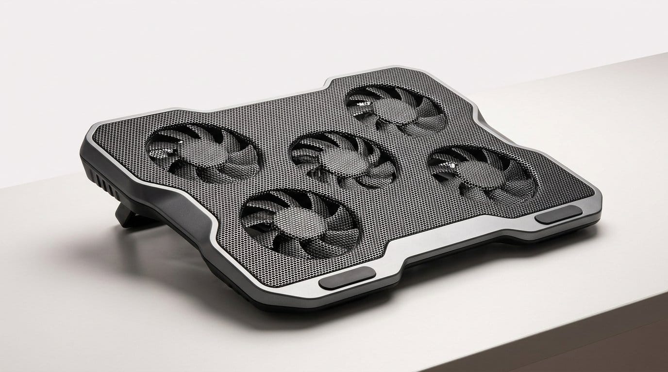Gaming laptop cooling pad with five fans and carbon fiber design on a minimal shelf with soft light