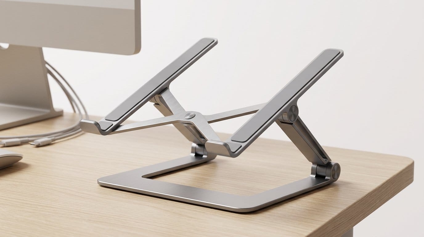 Adjustable metal laptop stand on a wooden desk beside a monitor, with soft studio lighting.