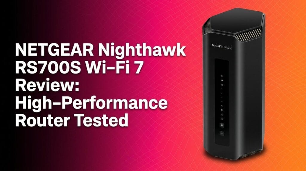 NETGEAR Nighthawk RS700S Wi‑Fi 7 router on a shelf in a product review hero image