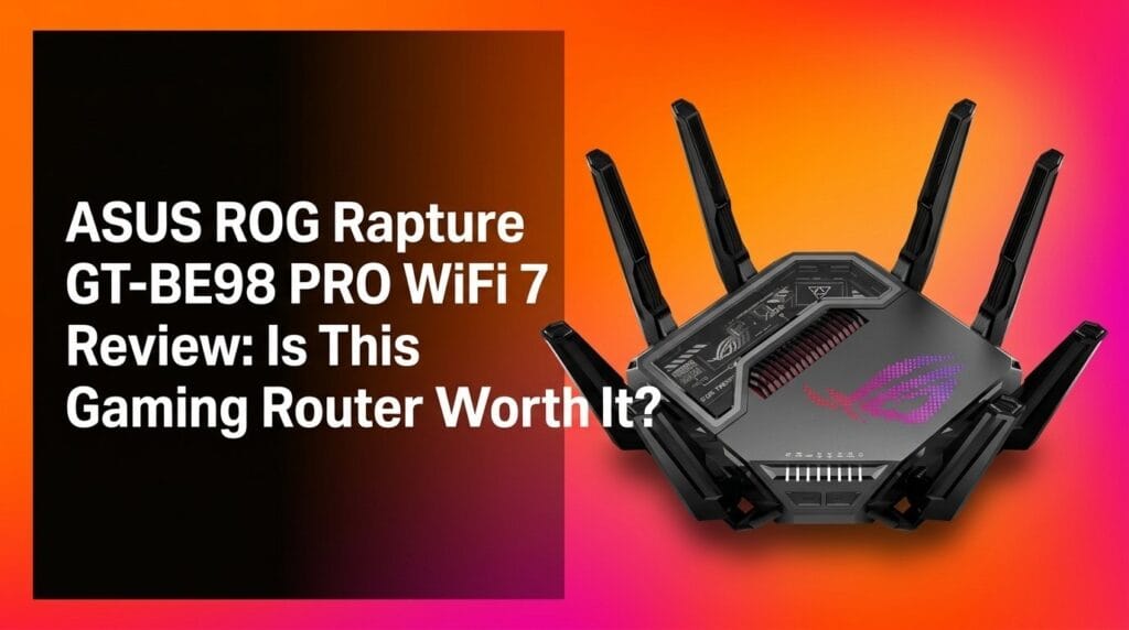 ASUS ROG Rapture GT-BE98 PRO WiFi 7 gaming router on a shelf for a product review feature image