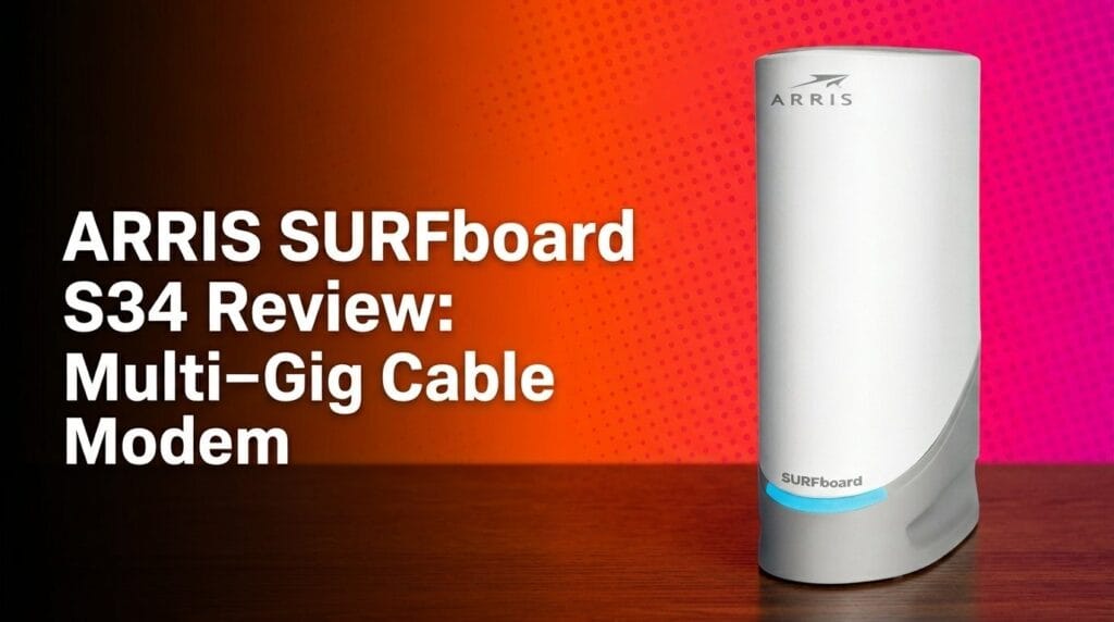 ARRIS SURFboard S34 cable modem review featured image on a colorful gradient backdrop