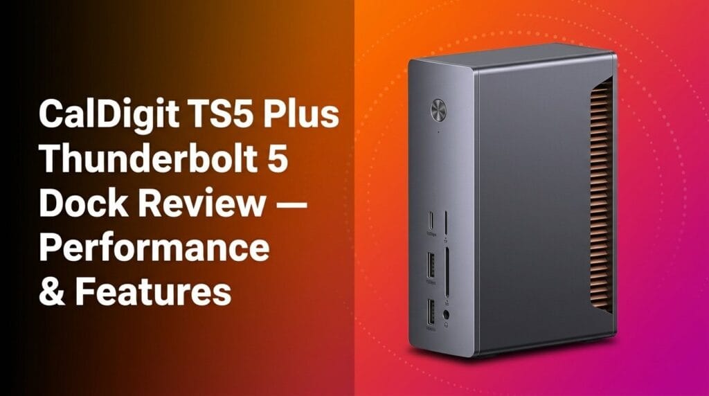 CalDigit TS5 Plus Thunderbolt 5 Dock review hero image on a colorful studio backdrop.
