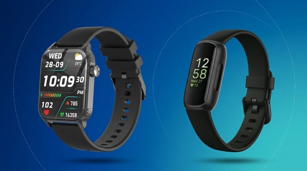Two black smartwatches on a blue background showing health and time data