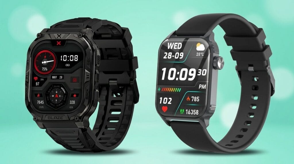 Two modern smartwatches with fitness tracking and colorful displays on a teal background.