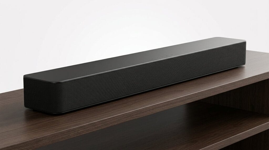 Black soundbar speaker on a wooden TV stand against a white background, lit softly from the side.