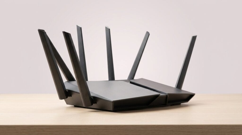 Wireless router with multiple antennas on a minimal surface, lit by soft directional light