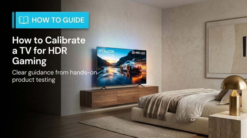Wall-mounted TV in a modern bedroom, shown for an HDR gaming calibration guide