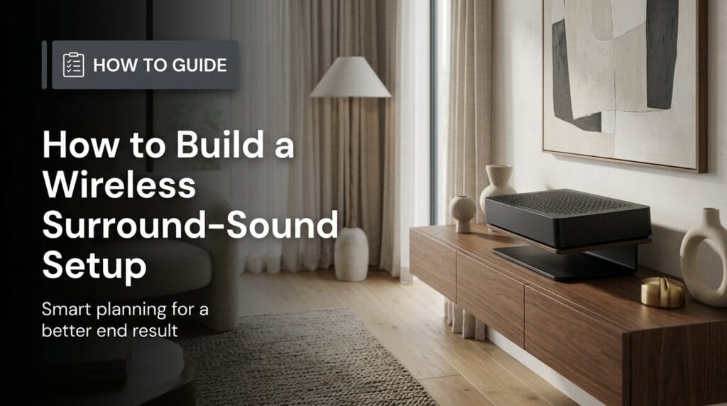 Dolby Atmos soundbar on a minimal surface with soft directional light in a modern living room