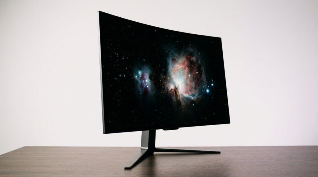 Curved QD-OLED gaming monitor displaying a vibrant galaxy on a wooden desk