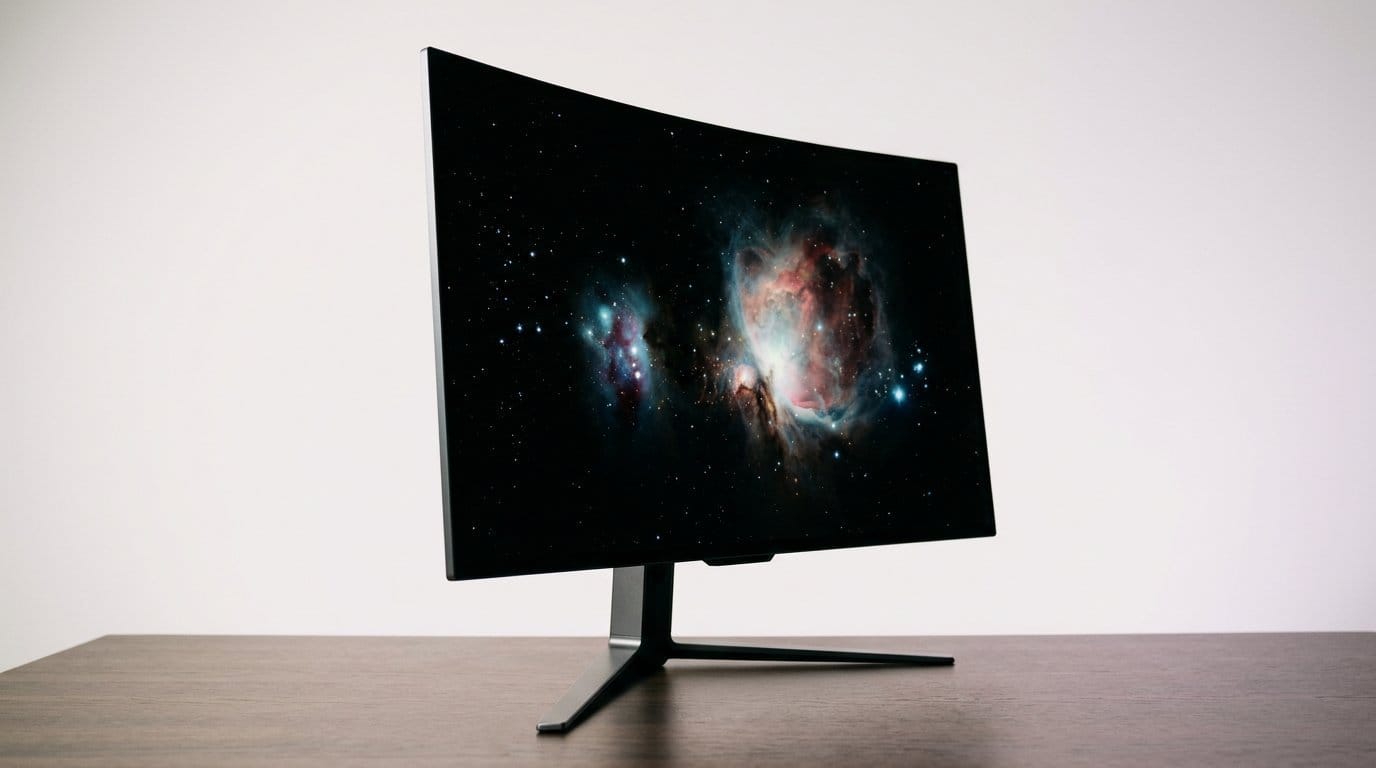 Curved QD-OLED gaming monitor displaying a vibrant galaxy on a wooden desk