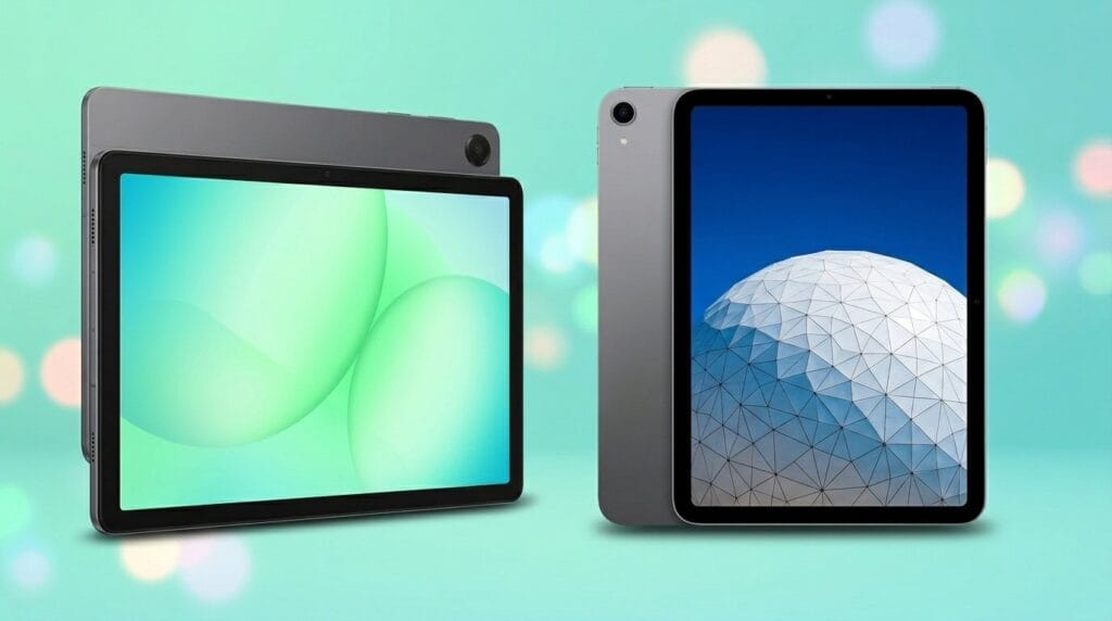 Two modern tablets shown front and back on a colorful background for student device comparison