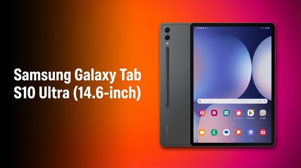 Samsung Galaxy Tab S10 Ultra tablet on a minimal desk, featuring a vibrant display for a product review image