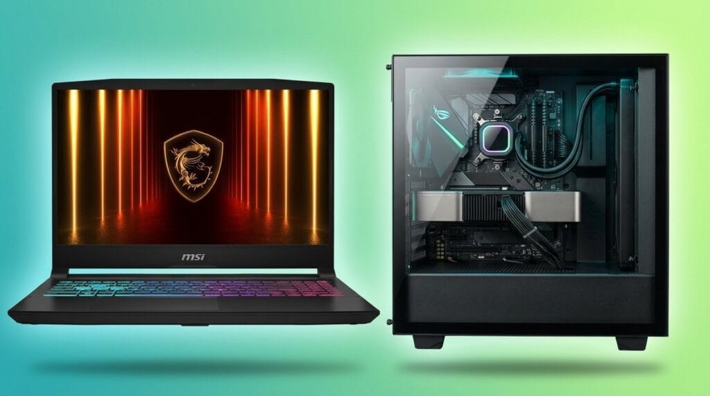 MSI gaming laptop beside a custom liquid-cooled desktop PC on a minimal desk surface