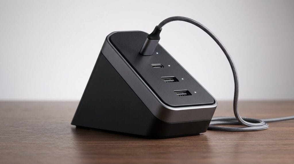 Compact black desktop power strip with multiple outlets and USB ports on a minimal surface with soft light