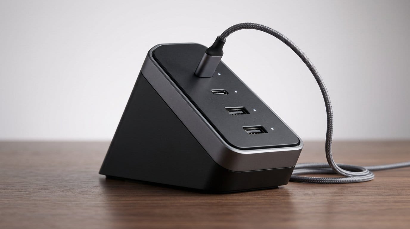Compact black desktop power strip with multiple outlets and USB ports on a minimal surface with soft light
