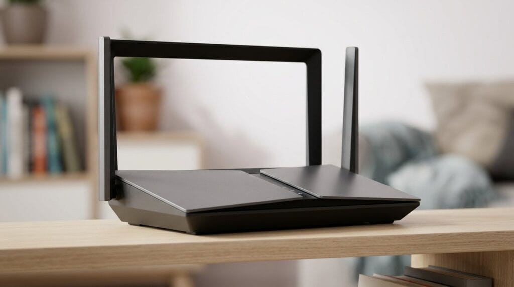 Modern black wireless router with antennas on a wooden table in a home setting