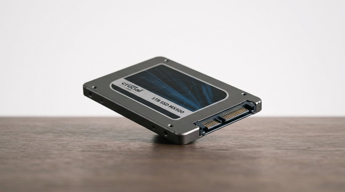 SSD on a wooden surface with a plain background