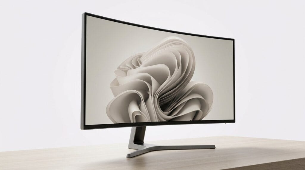 Curved ultrawide monitor on a white desk with a modern stand and soft studio lighting
