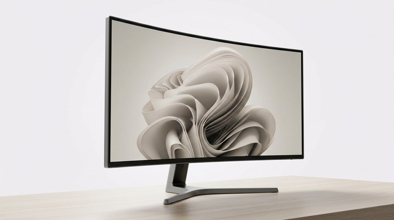 Curved ultrawide monitor on a white desk with a modern stand and soft studio lighting