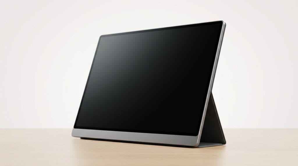 Portable monitor on a wooden desk with a built-in stand and black screen, lit by soft studio lighting