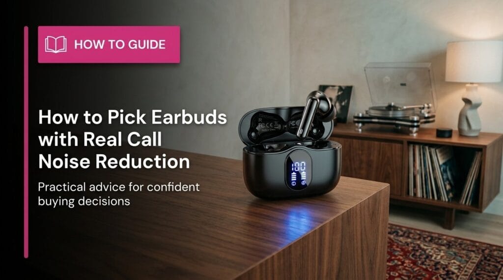 Wireless earbuds on a clean desk under soft studio light for a call noise reduction guide