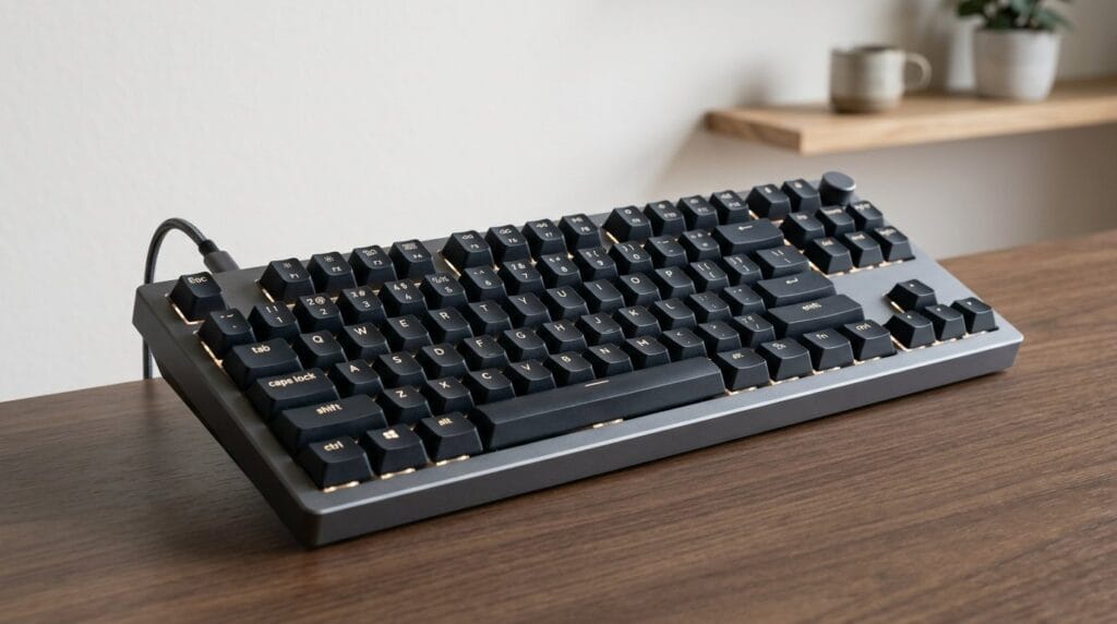 Mechanical keyboard with black keycaps on a wooden desk, photographed in soft studio lighting.