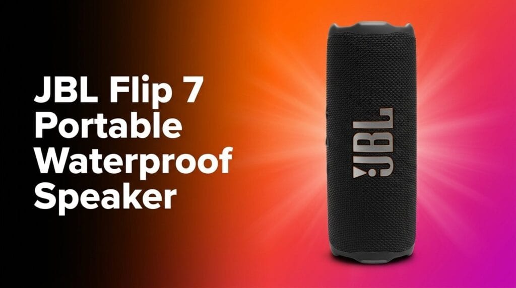 JBL Flip 7 portable waterproof speaker on a vibrant background, featured product review image