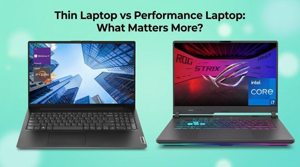 Side-by-side comparison of thin and performance laptops on a minimal desk surface.